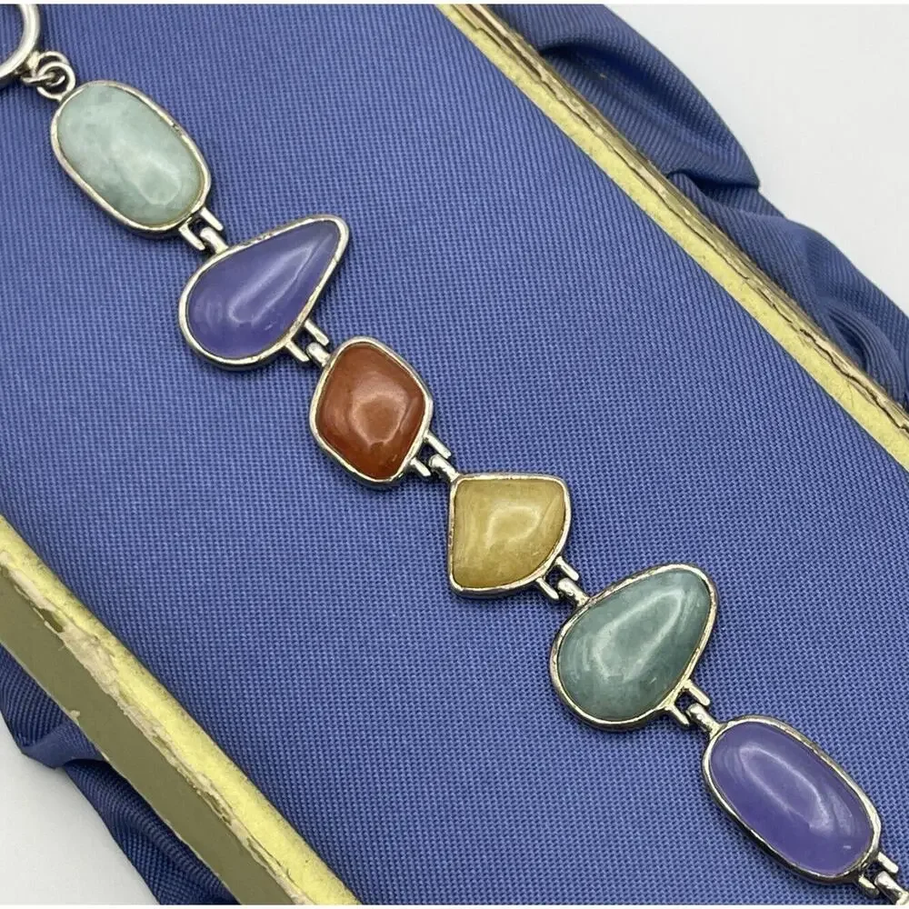 Sterling Silver Bracelet Jade Multi Color Green Purple Lavender Toggle HN China
